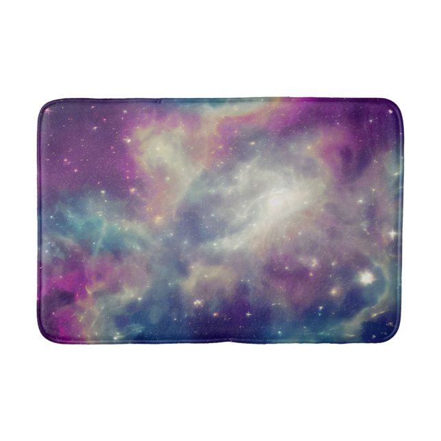 Blue Violet Teal Cosmic Nebula Milky Way Bath Mat (Front)