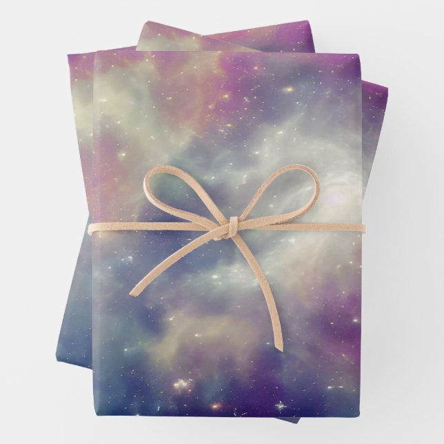 Blue Violet Teal Cosmic Nebula Milky Way Wrapping Paper Sheets (In situ)