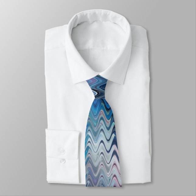 Blue Violet Teal White Marbling Abstraction Neck Tie (Tied)