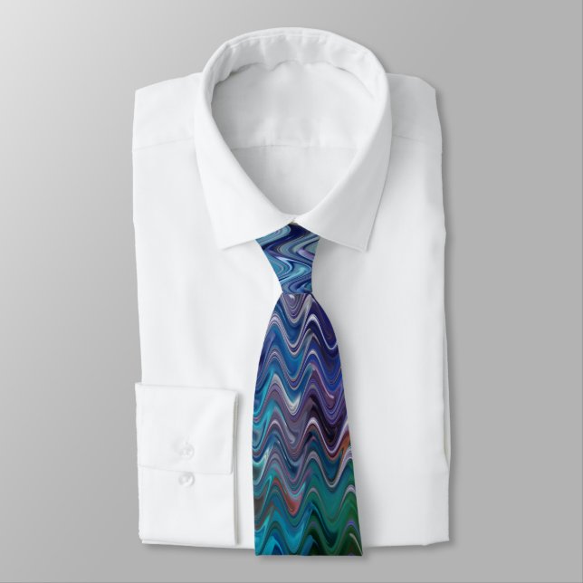 Blue Violet Teal White Marbling Abstraction Neck Tie (Tied)