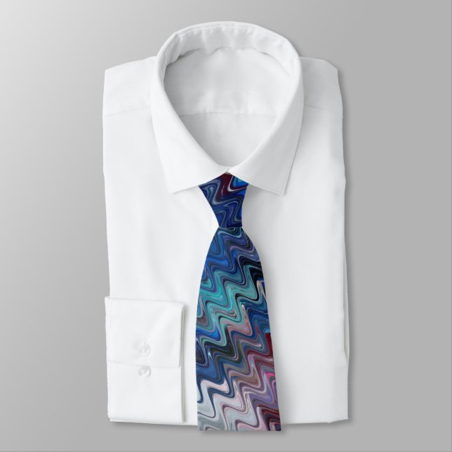 Blue Violet Teal White Marbling Abstraction Neck Tie (Tied)