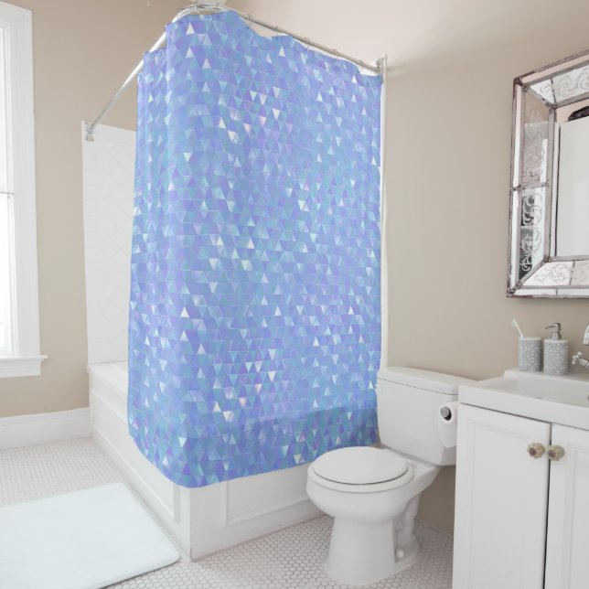 Blue Violet Trendy Triangles Geometric Shower Curtain (In Situ)