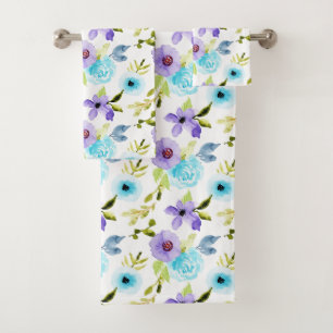 Blue Violet Watercolor Floral Bath Towel Set