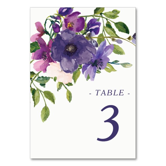 Blue Violet Wild Roses Wedding Table Number (Front)