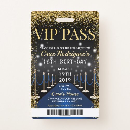 Blue VIP Pass Hollywood Red Carpet Birthday Badge