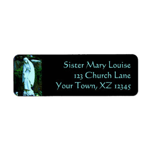 Blue Virgin Mary Statue Label