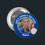 Blue Volleyball Player Photo High School Spirit Button<br><div class="desc">This cool customized high school volleyball player photo gift features white typography of your team and player name on a blue button with a ball. Personalize with your student's photograph and class year as a proud sports parent. A mom and dad can wear these buttons to sports games.</div>