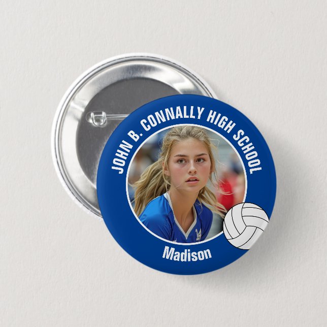 Blue Volleyball Player Photo High School Spirit Button (Front & Back)