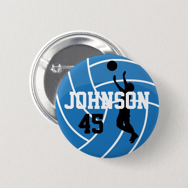 Blue Volleyball with Silhouette Player Button (Front & Back)