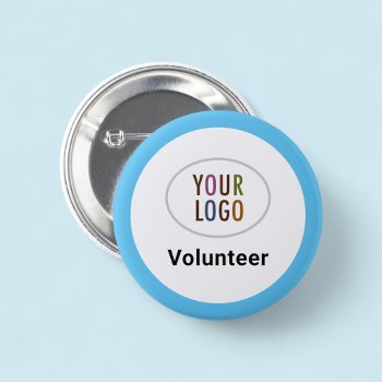 Blue Volunteer Button Badge Pinback Custom Logo by MISOOK at Zazzle