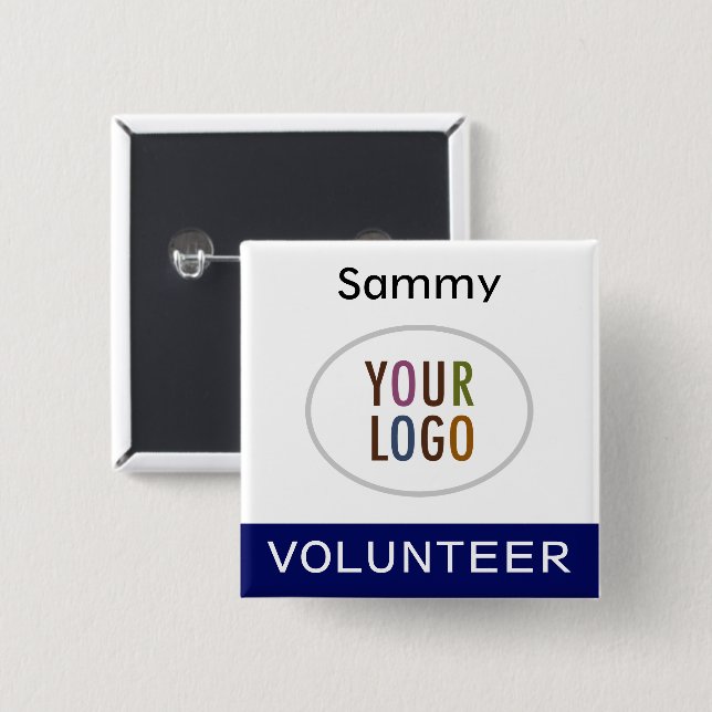 Blue Volunteer Name Badge with Logo Square Button (Front & Back)