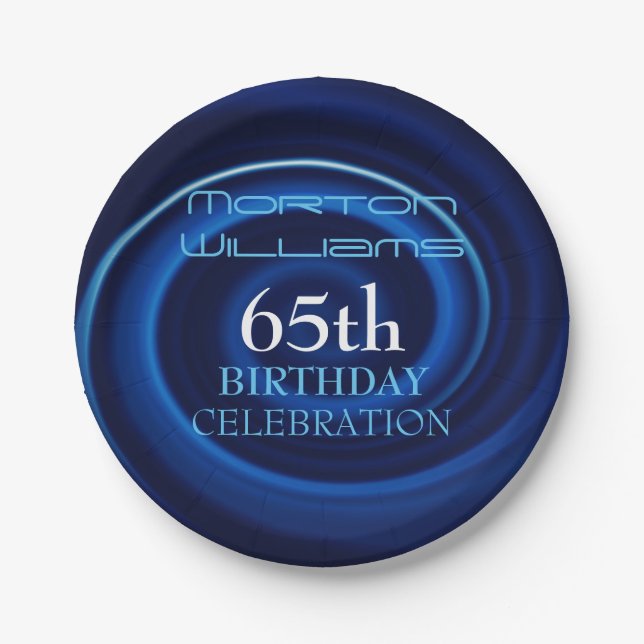 Blue Vortex 65th Birthday Celebration PP Paper Plates (Front)