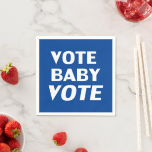 Blue "vote baby vote" white paper napkin