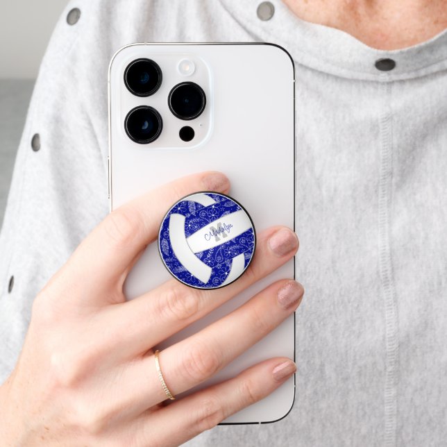 Blue w white feathers flowers pattern volleyball PopSocket (Hand)