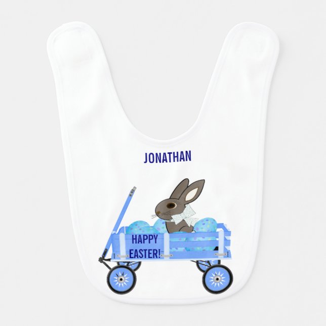 Blue Wagon with Bunny & Eggs Baby Bib (Front)