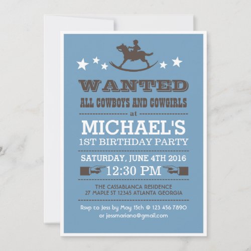 Blue Wanted Western Cowboy Birthday Invitation