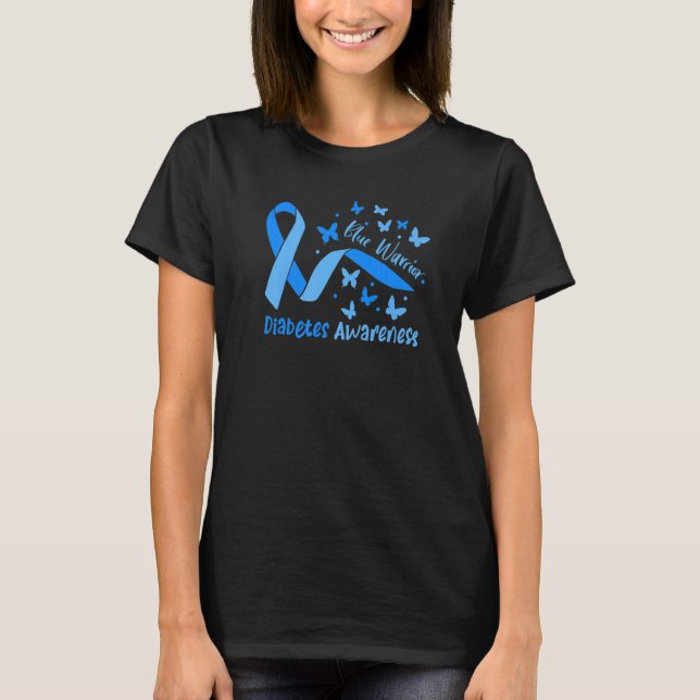Blue Warrior Diabetes Awareness Ribbon And Butterf T-Shirt (Front)