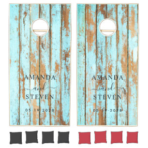 Blue Wash Wood Couple Names with Wedding Date Cornhole Set