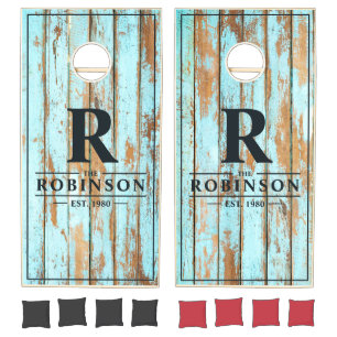 Blue Wash Wood Family Name & Initial Cornhole Set