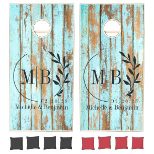 Blue Wash Wood Leaf Wedding Monogram Cornhole Set