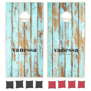 Blue Wash Wood Minimal Modern Classic Name Cornhole Set