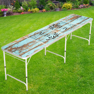 Blue Wash Wood Modern Leaf Wedding Monogram Beer Pong Table
