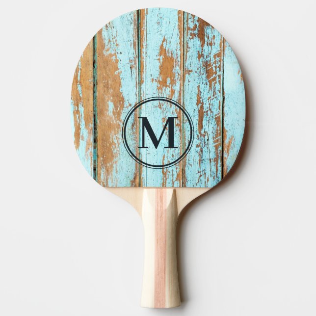 Blue Wash Wood Monogram Ping Pong Paddle (Back)