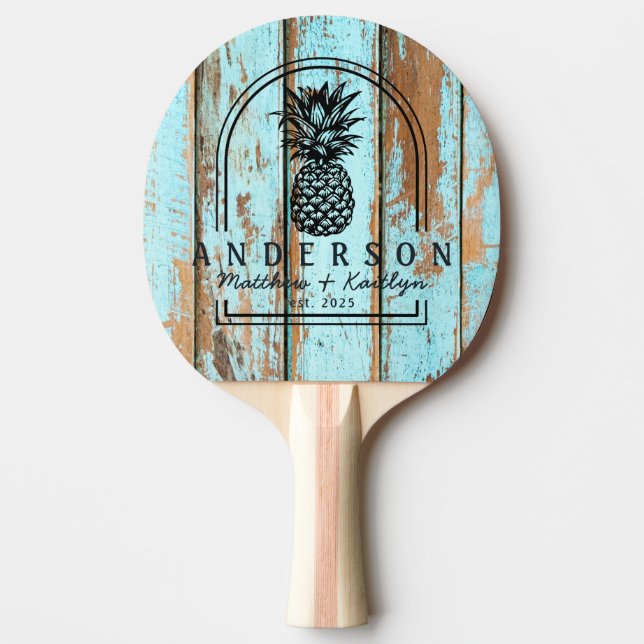 Blue Wash Wood Pineapple Wedding Arch & Name Ping Pong Paddle (Front)