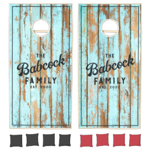 Blue Wash Wood Retro Family Name & Year Cornhole Set