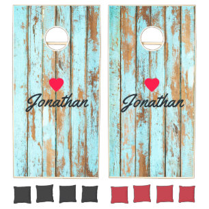 Blue Wash Wood Vintage Heart Signature Cornhole Set