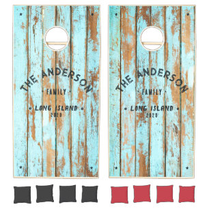 Blue Wash Wood Vintage Seaside Family Name Cornhole Set