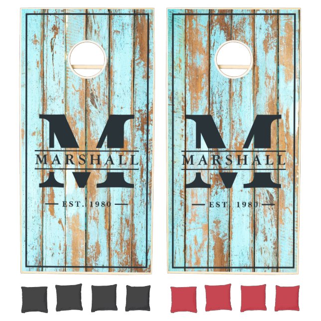 Blue Wash Wood with Name & Initial Overlay Cornhole Set (Set)