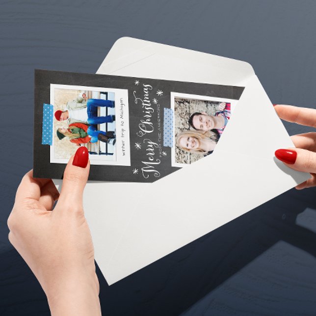 Blue Washi Tape and Chalkboard Photo Frames Holiday Card (Skinny two-photo Christmas card with ice blue Washi tapes and chalkboard lettering)