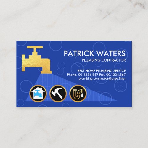 Blue Water Bubbles Gold Tap Flowing Plumbing Icon Business Card