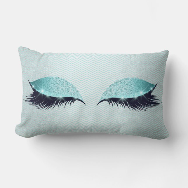 Blue Water Cat's Eye Lashes Glitter Makeup Black Lumbar Pillow (Front)