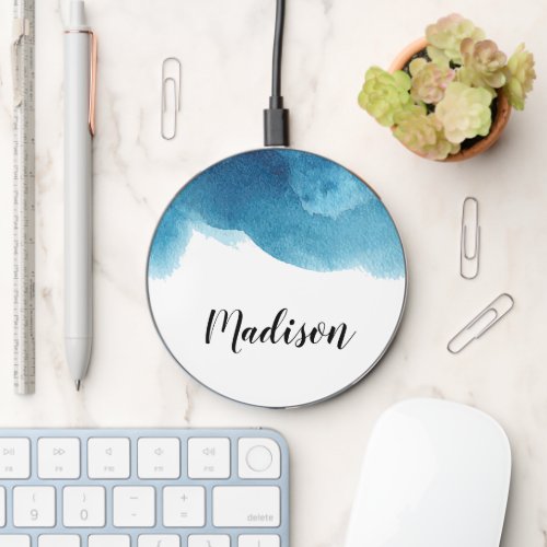 Blue Water Color Wave Personalized Wireless Charger