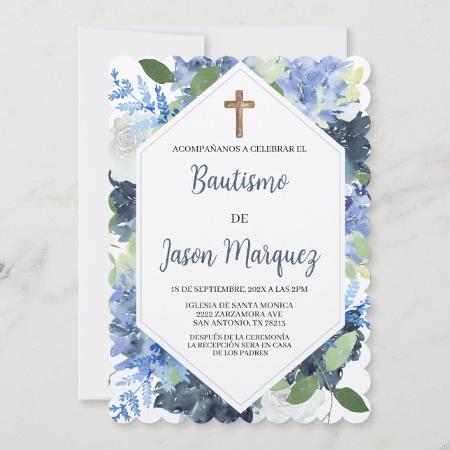 Blue water colored flower baptism invitation  (Front)
