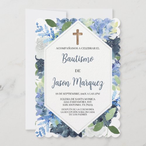 Blue water colored flower baptism invitation 