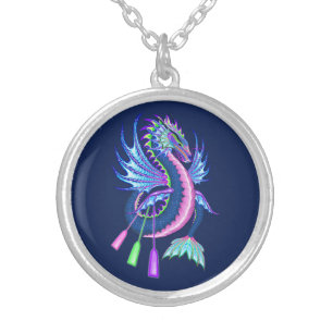 Blue Water Dragon Boat Racing Silver Plated Necklace