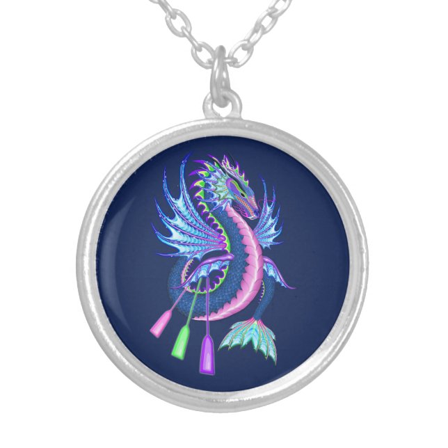 Blue Water Dragon Boat Racing Silver Plated Necklace (Front)