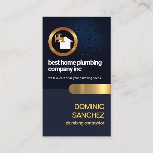 Blue Water Drop Layer Gold Tab Plumbing Contractor Business Card