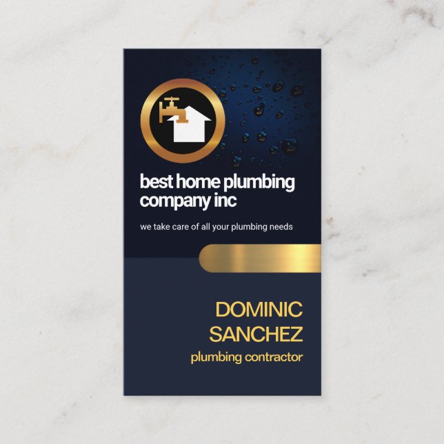 Blue Water Drop Layer Gold Tab Plumbing Contractor Business Card (Front)