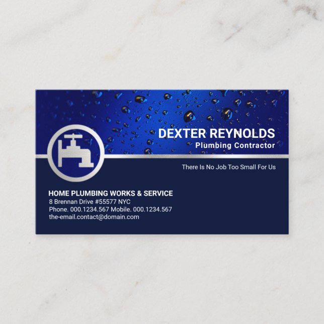 Blue Water Drop Silver Faucet Plumbing Contractor Business Card (Front)