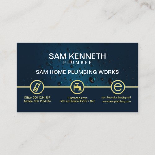Blue Water Drop Special Gold Plumbing Button Business Card