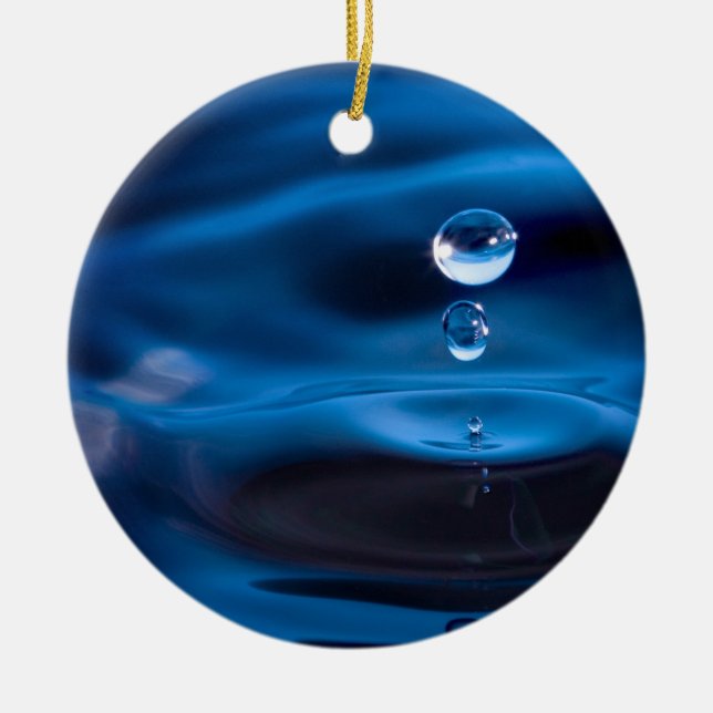 Blue Water Drops Ceramic Ornament (Front)