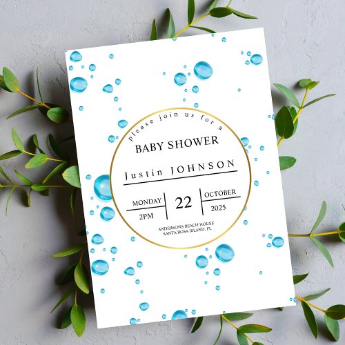 blue water drops pattern  Watercolor baby shower  Invitation