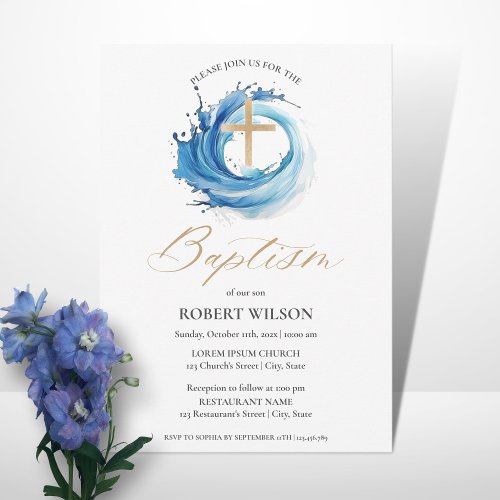 Blue Water Gold Cross Boy Christening Baptism Invitation