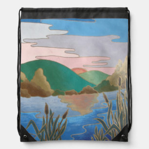 Blue water landscape abstract contemporary drawstring bag