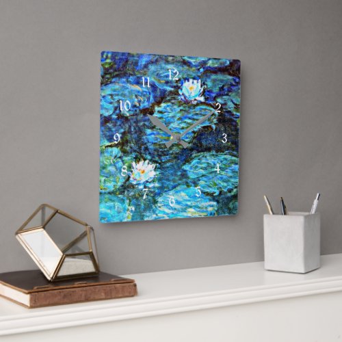 Blue Water Lilies by Monet Square Wall Clock
