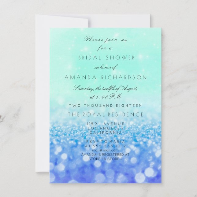 Blue Water Navy Blue Mint Glitter Bridal Shower Invitation (Front)